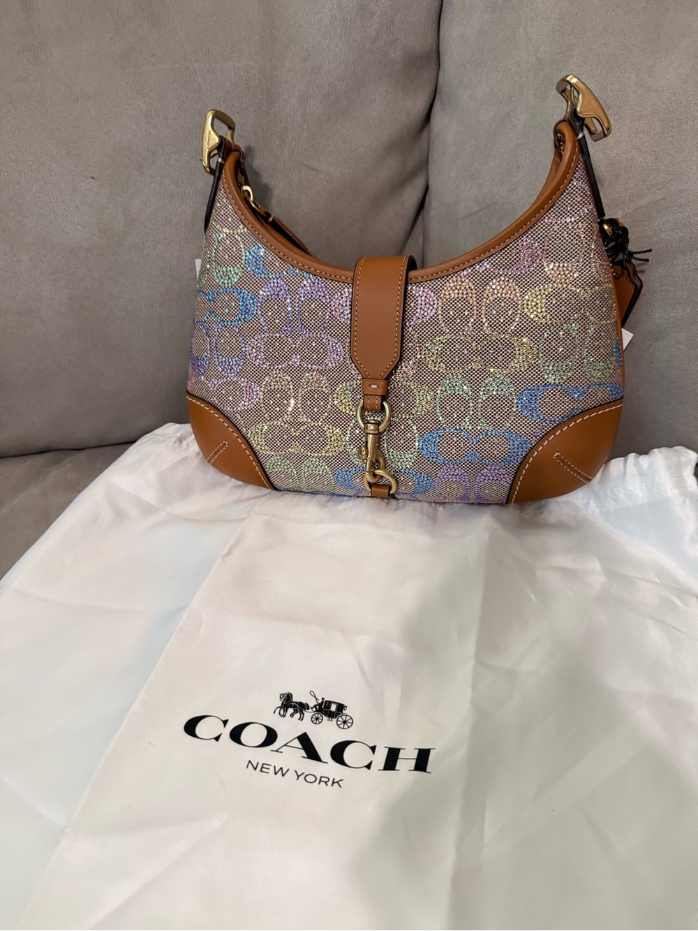 Coach Multicolor Signature Jacquard Shoulder Bag with Tan Trim